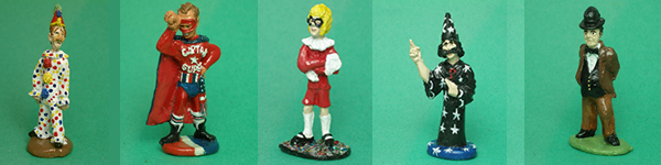 Boffo the clown captain super gerald the wizard and wallace figurines